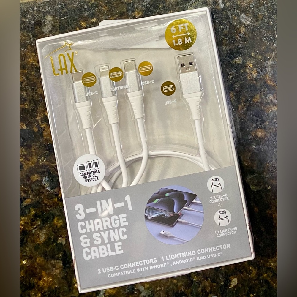 LAX 6FT 3-in-1 Charging Cable USB-C Lightning Fast Charge iPhone Android New